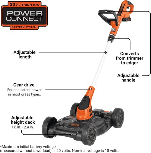 BLACK+DECKER 3-in-1 Cordless Lawn Mower Combo - Includes (2) Batteries & Charger, Adjustable Length & Height, 12-Inch Trimmer