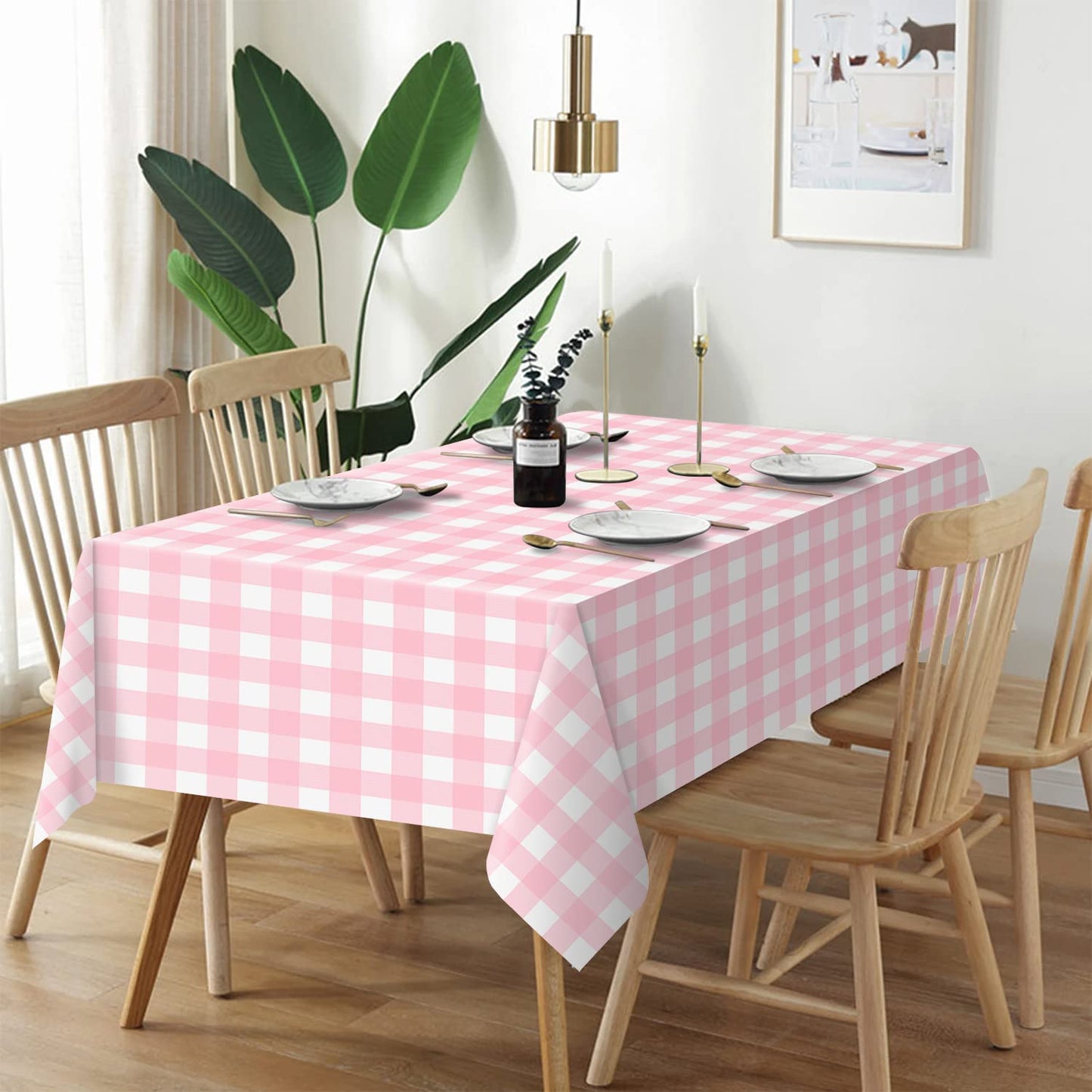 QIKSION Pink Gingham Tablecloth Disposable 12 Pack, 54 x 108 Inch Pink and White Checkered Table Cloth for Baby Shower, Easter, Mothers Day Decorations, Birthday Party, Rectangle, Plastic Table Cover