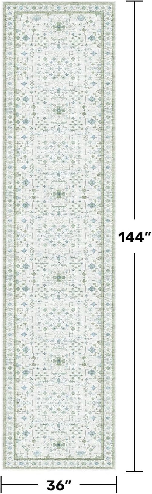 Hazo Haus Oushak 3x12 Wide Hallway Runner Rug - Vintage Turkish Floral Design, Washable Non-Slip | Light Blue & Green