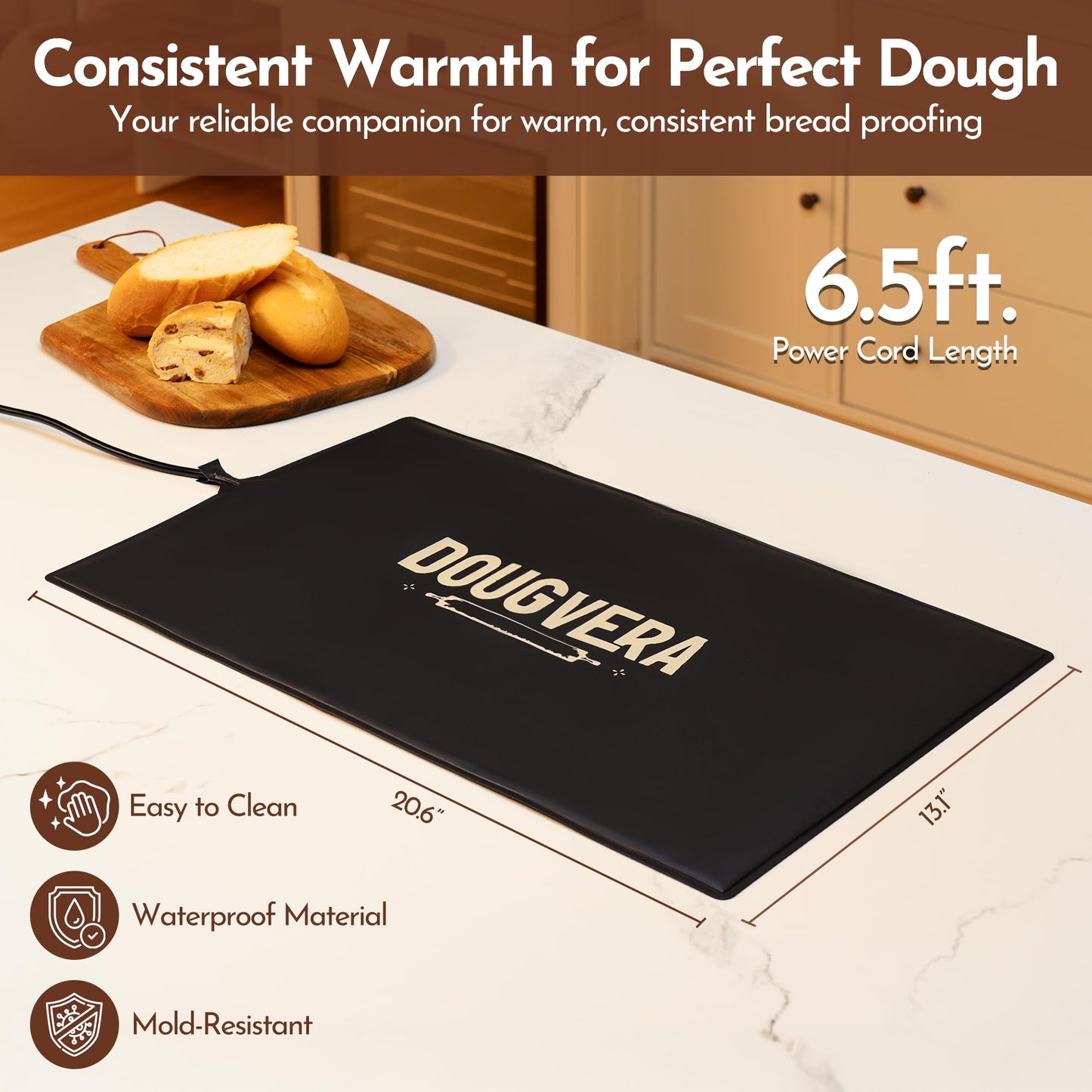 Dougvera Bread Proofing Mat 13 x 21In Bread Proofer Warming Mat for Food – Temperature Controlled Sourdough Heating Pad for Home Baking – Waterproof Casing – 2.1M Cord with Standard Plug