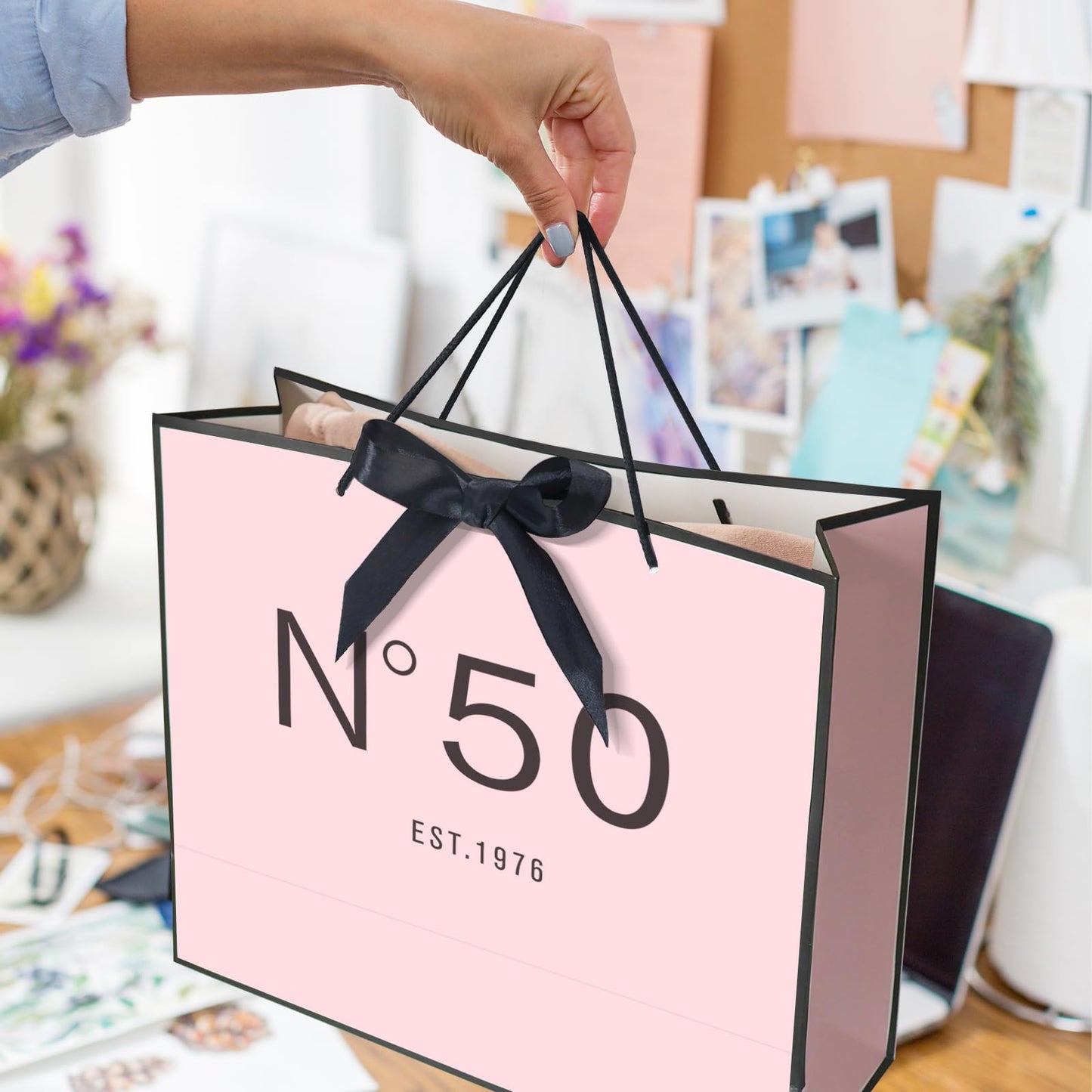 QLSKO 13" Birthday Gift Bag with Card Envelope Sticker Bow Ribbon and Tissue papers for Women Girls Design with Handles,13th-100th (EST.1976 50th, 13" W x 10.5" H x 4.3" D)