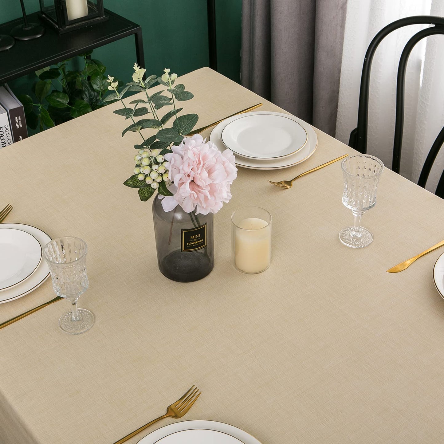 LIBERECOO Vinyl Tablecloth with Flannel Backing, Champagne, Waterproof, Stain-Resistant, Easy-Clean Table Cover for Dining, Kitchen, and Outdoor Use, 60" x 84" Rectangle