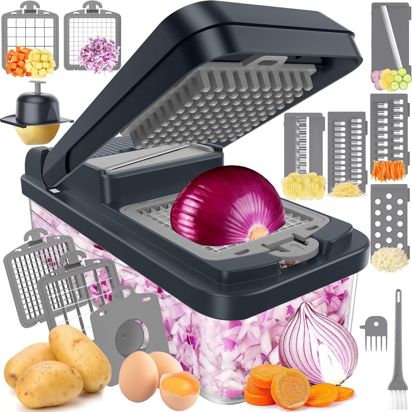 SpaceHacks 12-in-1 Vegetable Chopper - Versatile Kitchen Gadget with 7 Blades & Egg Separator | Gray
