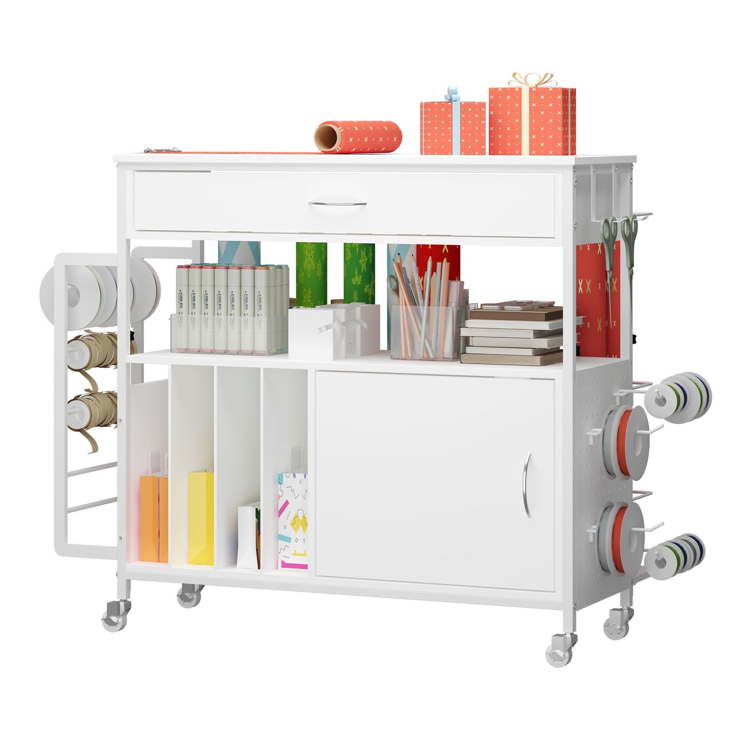 Zethvax Height-Adjustable Gift Wrapping Station with Paper Clamp & Adhesive Measuring Tape,Rolling Wrapping Paper Cart with Ribbon & Gift Bag Storage, Craft Organizer Workstation (White)