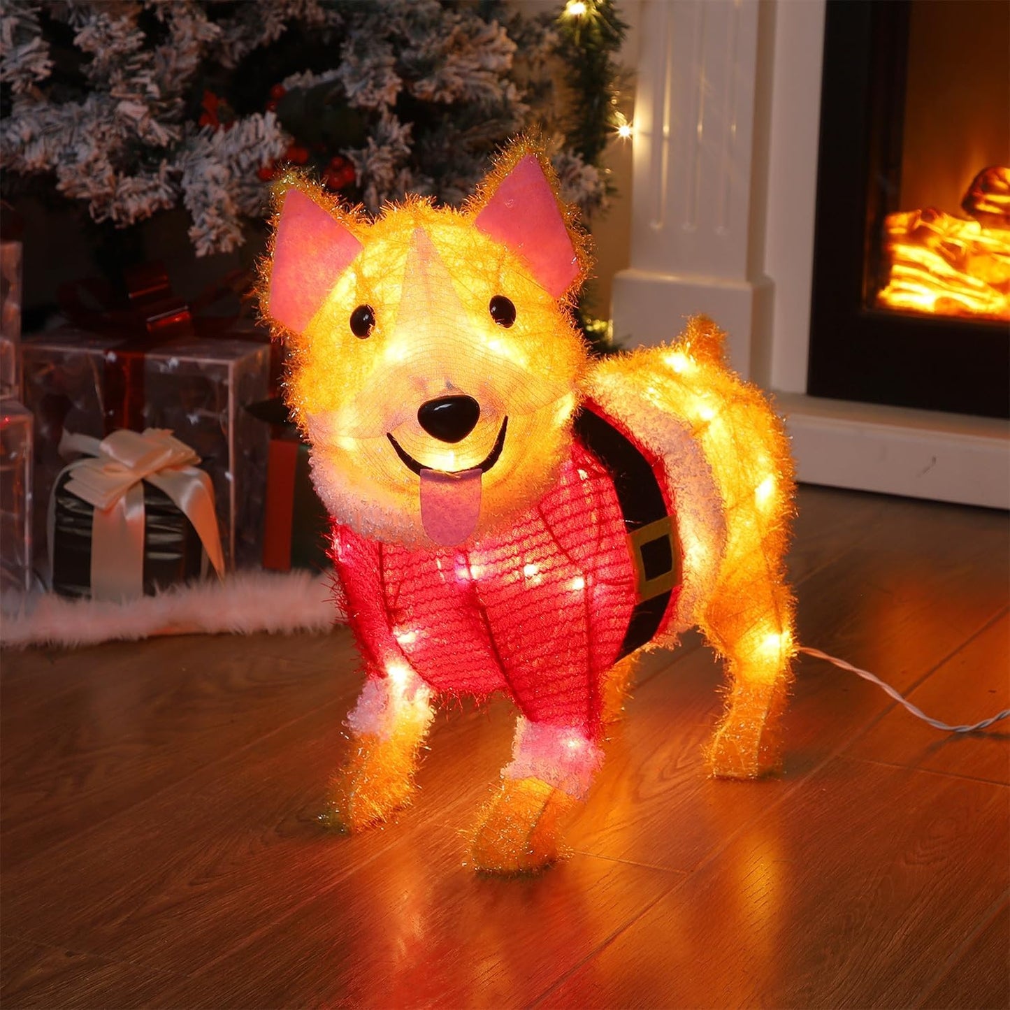 WATERGLIDE 17-Inch Lighted Christmas Dog Decoration - Pre-Lit 3D Tinsel Puppy for Indoor & Outdoor Holiday Decor