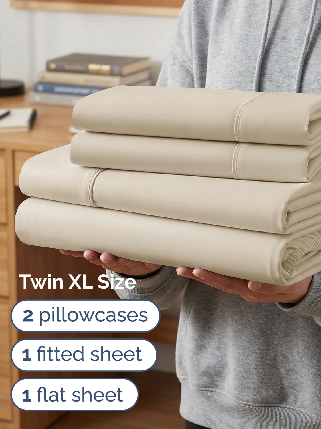 Skiennix Extra Deep Twin XL Sheet Set | 4-Piece Breathable Cooling Bedding - Soft, Wrinkle-Free Wheat Color