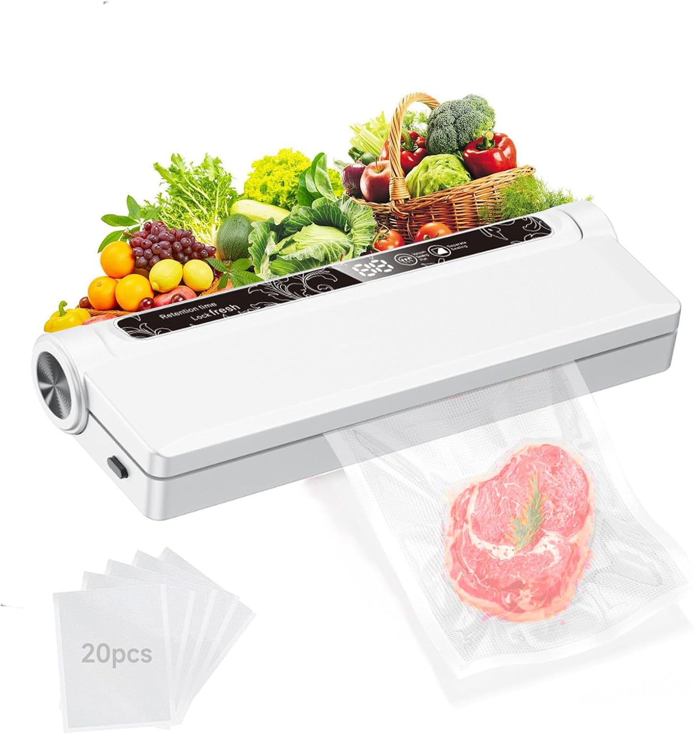 Skiennix Vacuum Sealer Machine - 75KPA Strong Suction, Moist/Dry Modes, 20 Bags Included, Compact Design