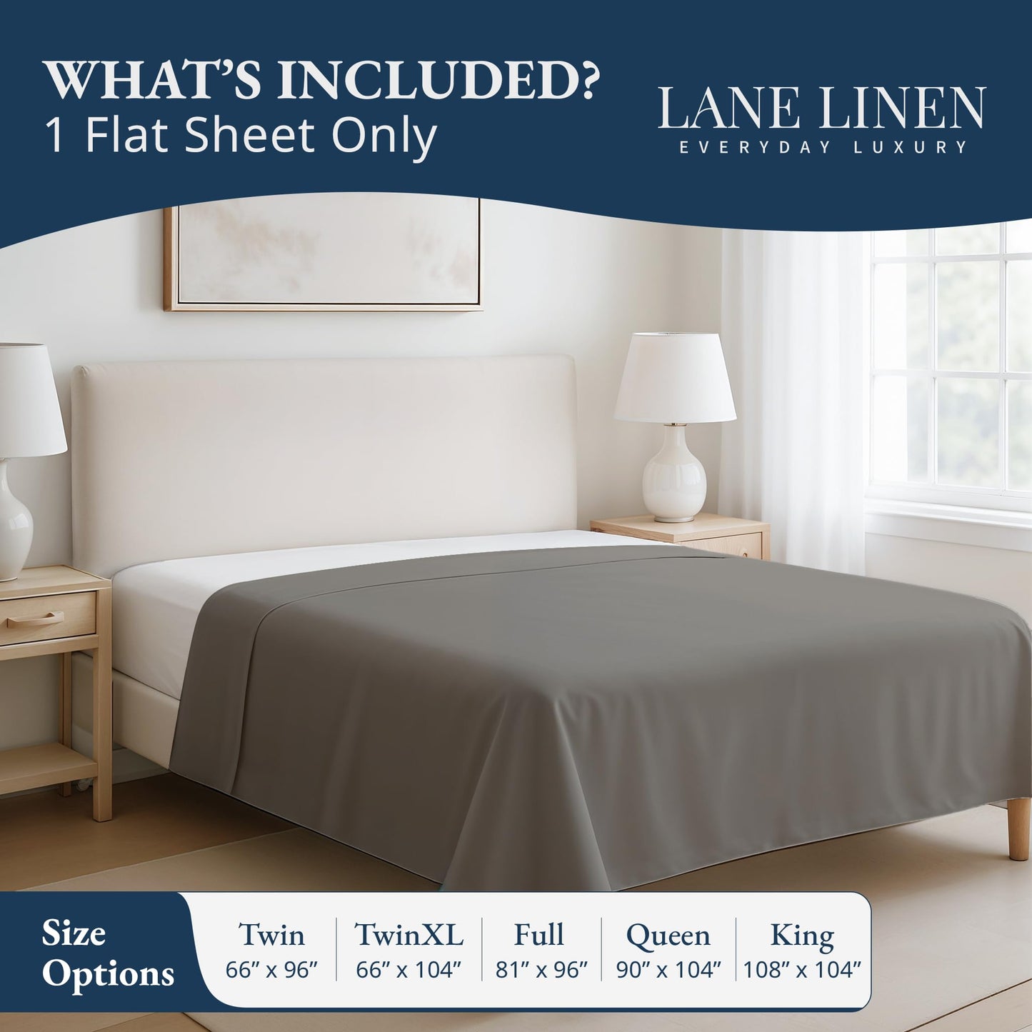Lane Linen 100% Egyptian Cotton Queen Size Flat Sheet Only (94"x104") - Elegant Sateen Weave, Ultra Soft, Breathable, Highly Durable - Charcoal