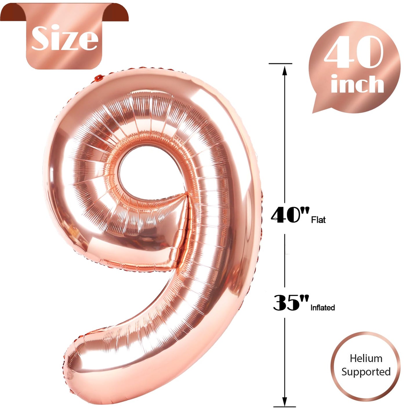 Rose Gold 9 Balloon, Number Balloons 40 Inch, 9th Giant Birthday Decorations for Boys Girls, 19th 29th Party Decorations Supplies, Number 9 Balloon