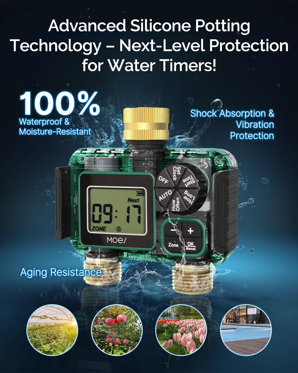 MOES 2-Zone Sprinkler Timer - Programmable Automatic Irrigation Controller with Brass Inlet & Outlet