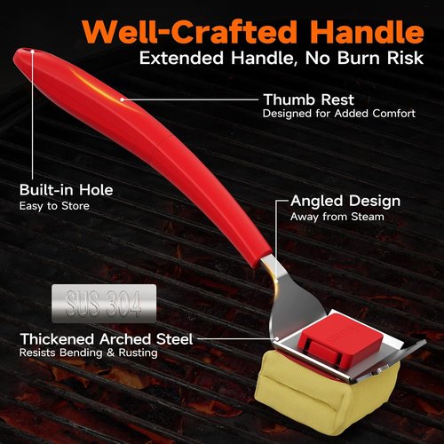 Bristle Free Grill Brush - Safe Steam BBQ Cleaner with Scraper | Replaceable Head for Cast Iron, Stainless Steel, Porcelain Grates - Red