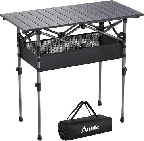 Anbte Aluminum Camping Table - 3ft Adjustable Height with Storage Net & Bag | Lightweight Roll-Up for Indoor/Outdoor Use, Black
