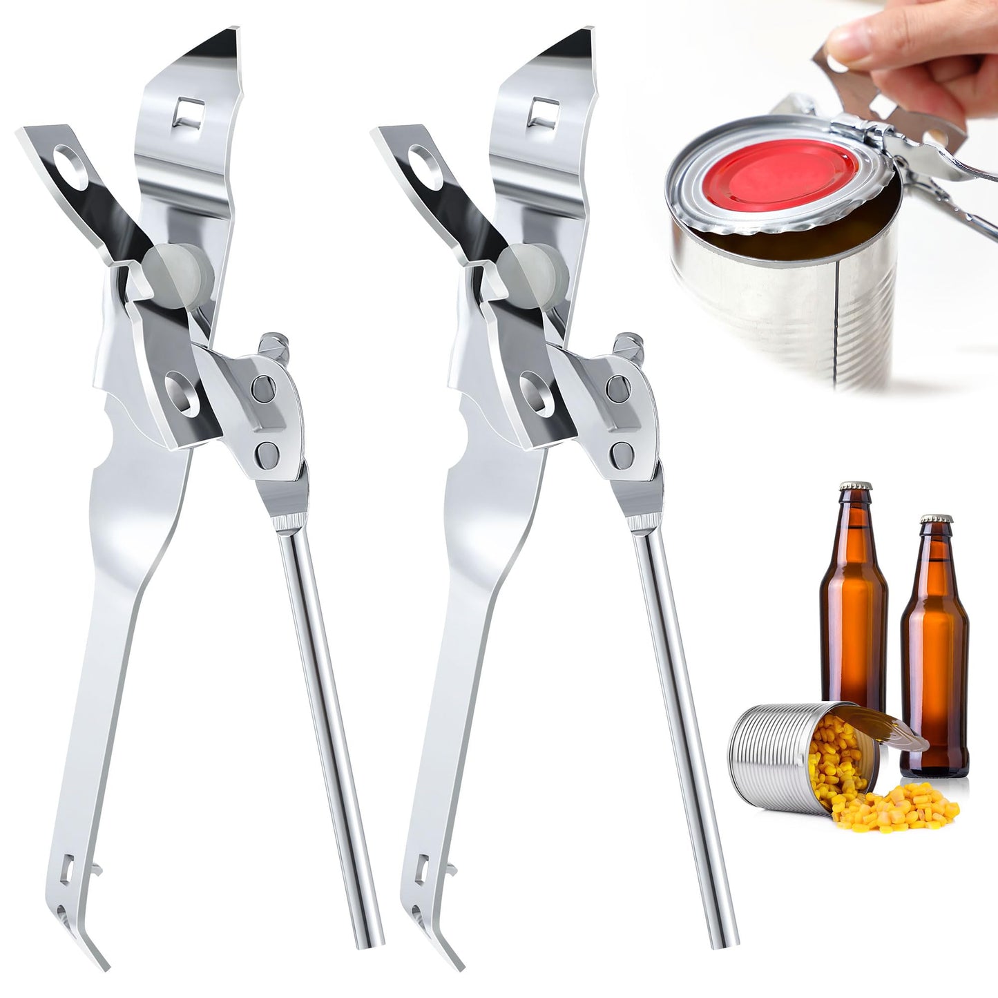 Dunkive 2 Pack Can Opener Manual, Safety Commercial Smooth Edge Can Opener, Heavy Duty Stainless Steel Hand Held Canned Open, Small Side Cut abrelatas, Multifunctional Bottle Open for Camping, Kitchen