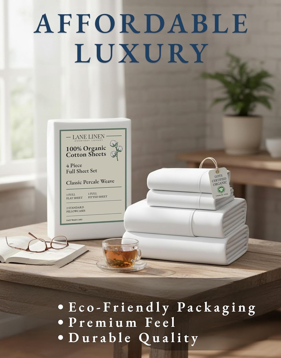 LANE LINEN 100% Organic Mercerized Cotton Full Size Bed Sheets - Soft, Comfy & Fade Resistant, 15" Deep Pocket - White