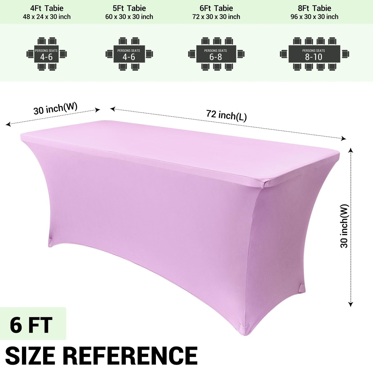 Obstal 8ft Stretch Spandex Table Cover for Standard Folding Tables - Universal Rectangular Fitted Tablecloth Protector for Party （Light Purple, 96 Length x 30 Width x 30 Height Inches）