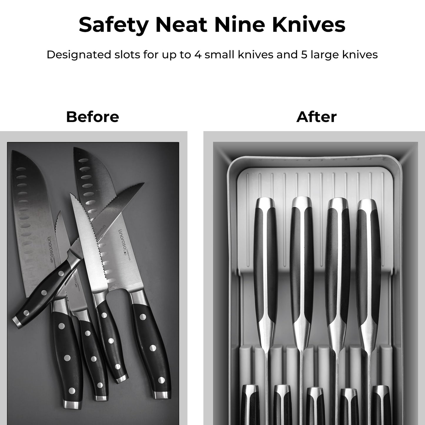 Linoroso Knife Drawer Organizer With In-Drawer Knife Block for 9 Knives, Kitchen Utensil Organizer, BPA Free Secure Storage Tray for Countertop Organization