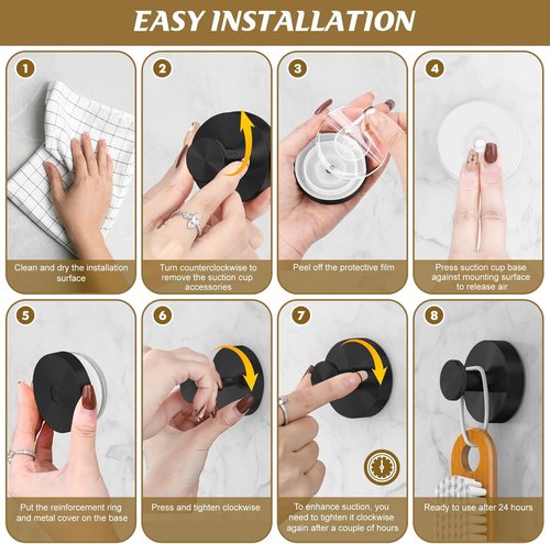 BKV Suction Cup Hooks - Removable Shower & Towel Hooks for Glass Windows | 4 Pack (Black)