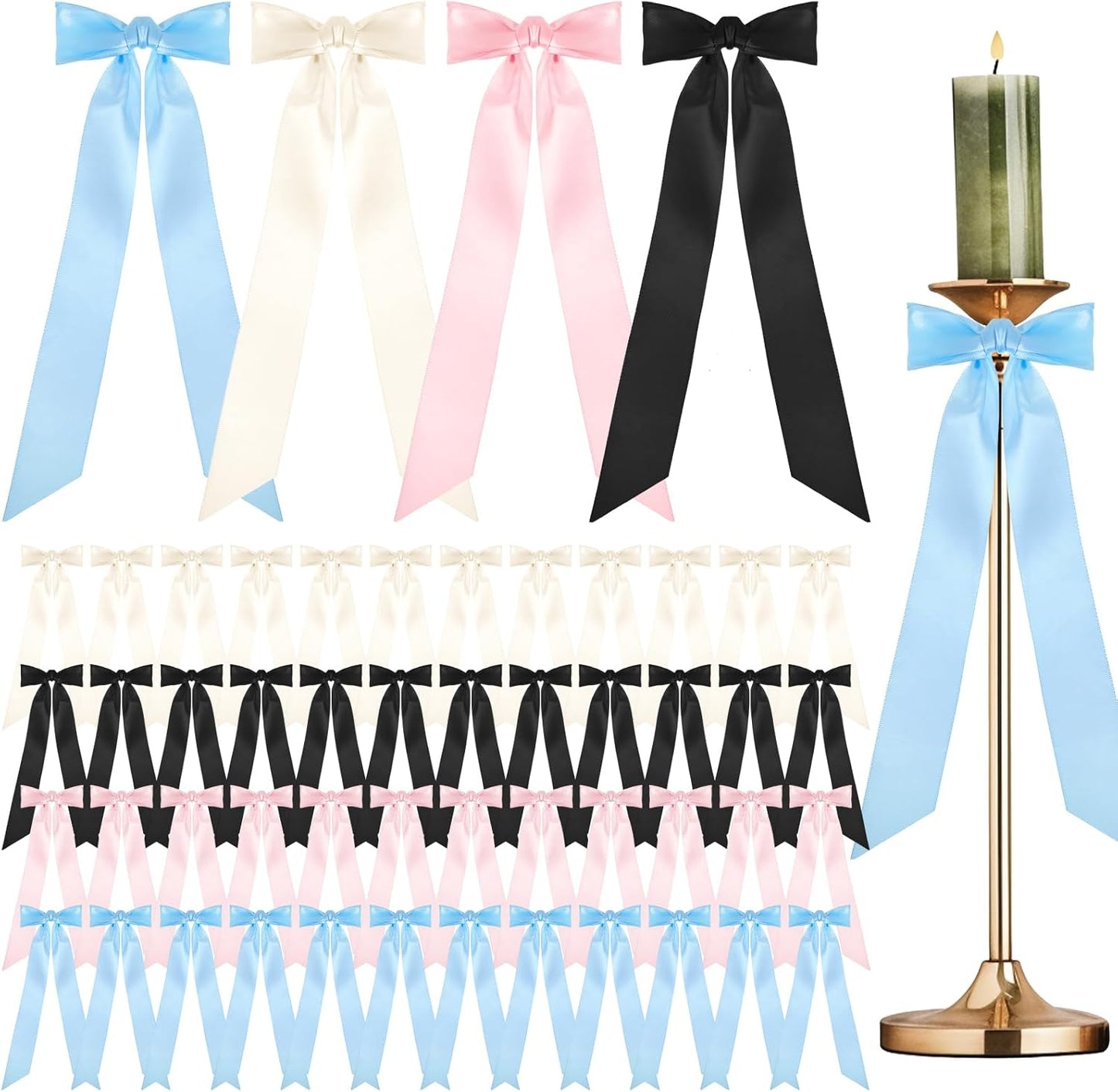 Maquita Christmas Candlestick Bows - 48 Pcs Large Self-Adhesive Decorations | 13 x 3.7 Inch, 4 Colors