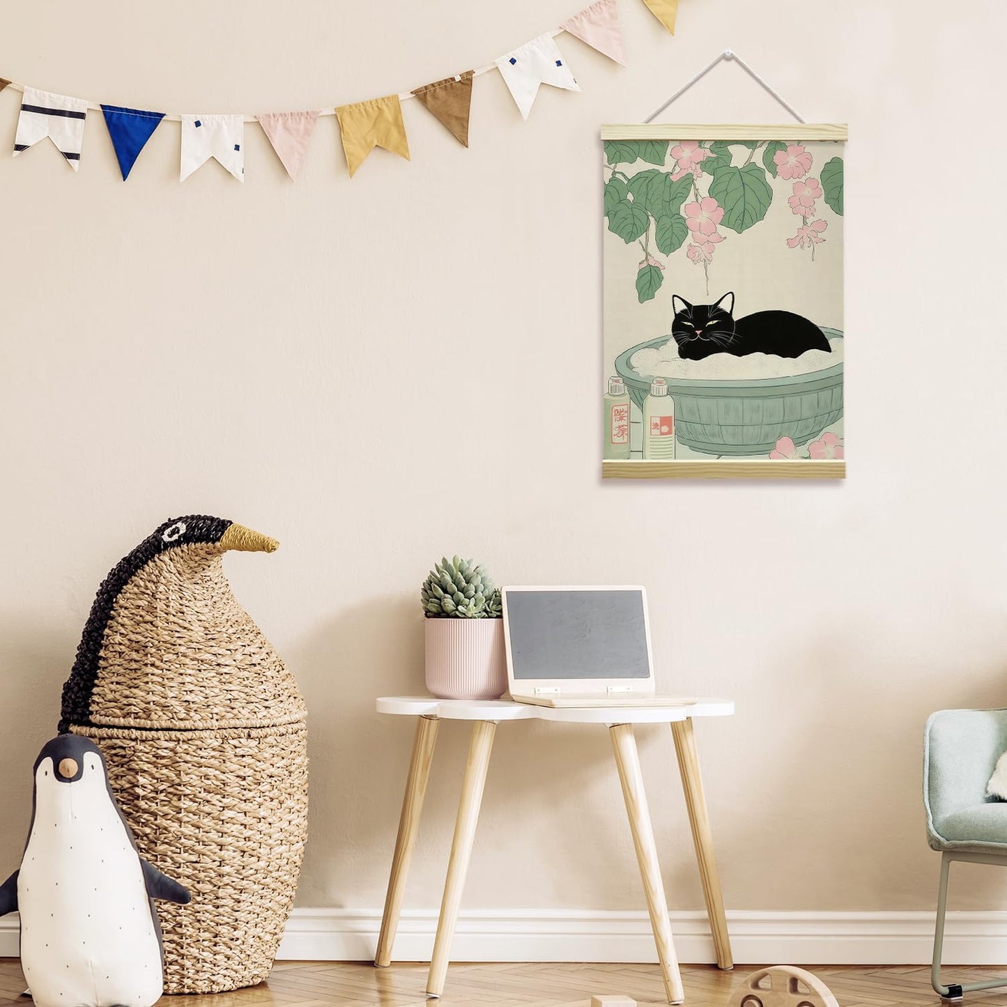 LETUROIA Japanese Cat Bathroom Poster Hanger Frame - Black Cat Aesthetic Canvas Wall Art (12x16") for Home Spa Decor