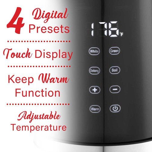 Brentwood 1100W 1.7L Cordless Cool Touch Digital Kettle with Stainless Steel Interior, Temperature Control with 4 Presets, 360° Base, Auto Shut-Off, Keep Warm, & Boil Dry Protection (Black, 7.2 Cups)