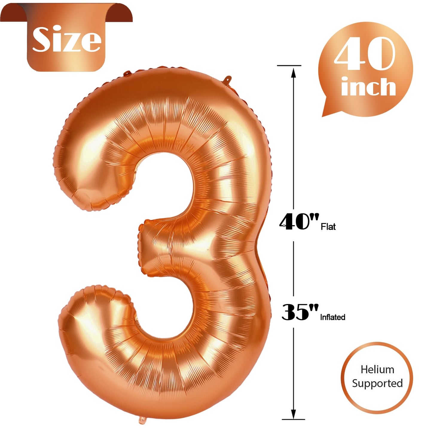 Orange 3 Balloon, Number Balloon 40 Inch, 3rd Three Year Old Birthday Deco, Orange Party Supplies for Party Decorations, Number 3 Balloon