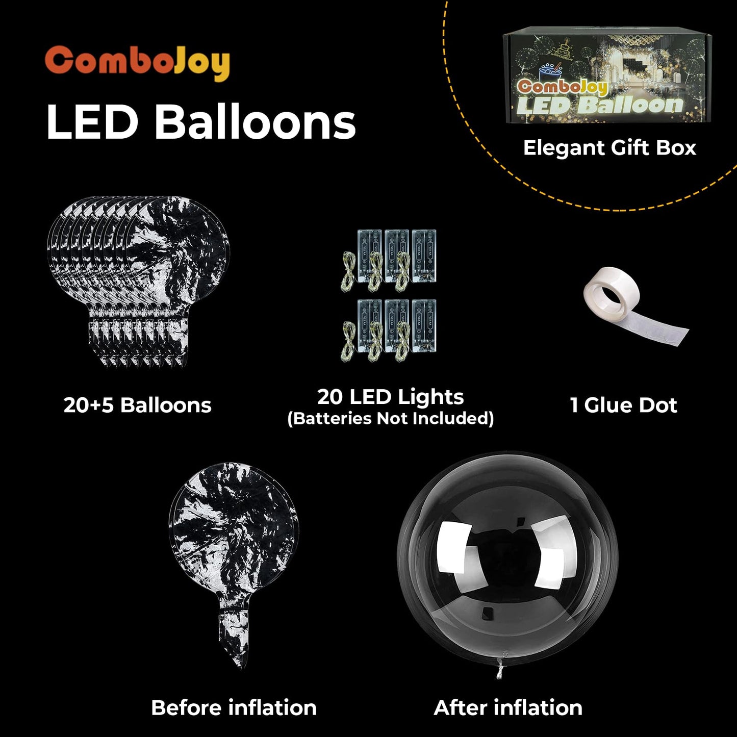 ComboJoy 20 Pack Led Balloons Light Up with Warm White Lights, 25 Transparent Balloons and 20 Pcs Led Lights, Perfect Supply for Wedding, Birthday Party, Glow Stick Party