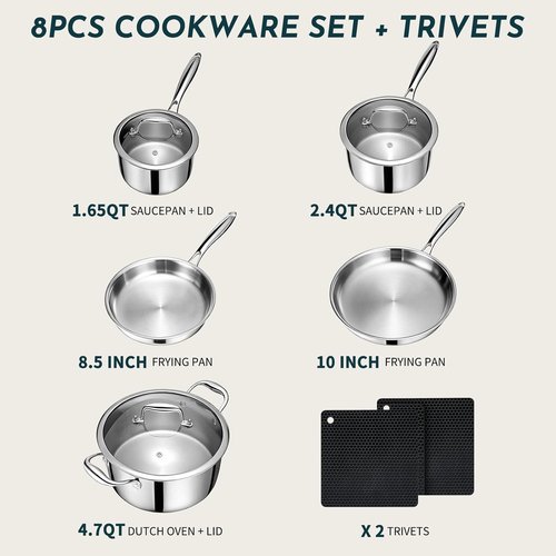 AIVIKI 10-Piece Stainless Steel Cookware Set - Induction & Oven Safe to 500℉ | Chef Quality Pots & Pans