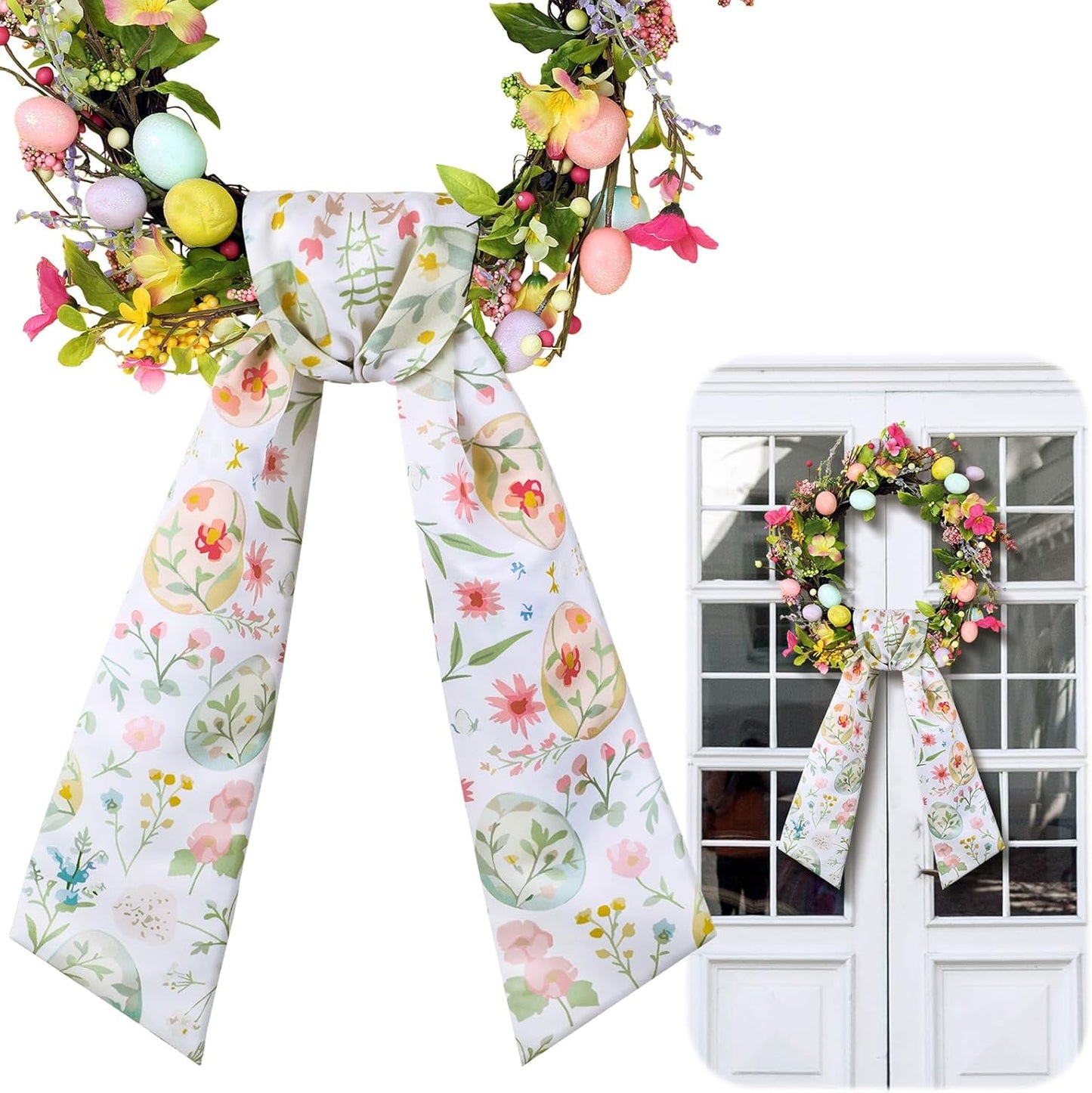 VitalCozy Easter Egg Floral Wreath Sash - Satin Monogram Garland Ribbon for Indoor/Outdoor Decor