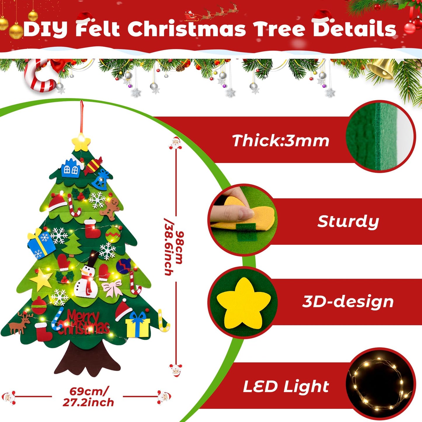 TonJin Felt Christmas Tree Set for Toddlers Kids with 3m/9.8ft Led String Light, 3.2ft/98cm Wall Hanging DIY Christmas Tree with 32 Detachable Ornaments for Xmas Home Decoration