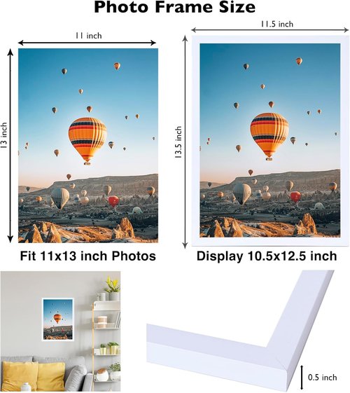 JCJMY 11x13 Picture Frame - White Wall Mount Frame for Horizontal or Vertical Display | Shatter-Resistant Plexiglass