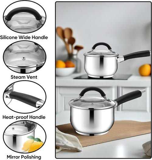E-far 1 Quart Stainless Steel Sauce Pan - Tri-Ply Base, Stay-Cool Handle, Dishwasher Safe