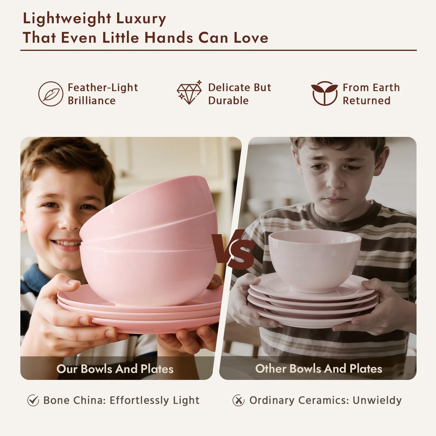 KINGSTONE 12-Piece Bone China Dinnerware Set for 4, Lightweight Porcelain Round Plates and Bowls Set, Durable Scratch Resistant Ceramic Dinner Set, Microwave & Dishwasher Safe, Sakura Pink