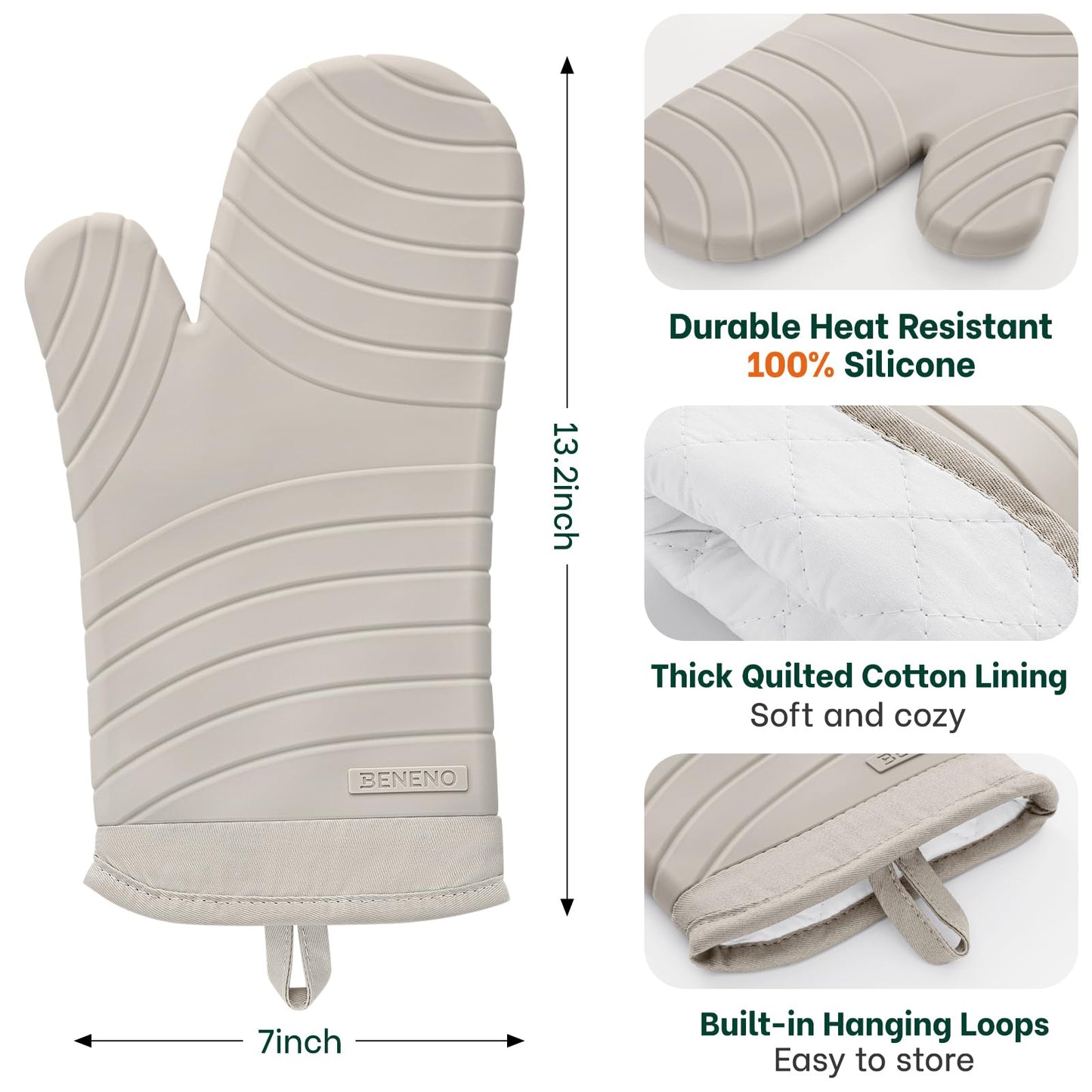 Beneno BPA-Free Silicone Oven Mitt 2-Pack Set, Heat Resistant 500°F Oven Mitts with Non-Slip Grip, Soft Thicker Lining, 7"x13", Beige