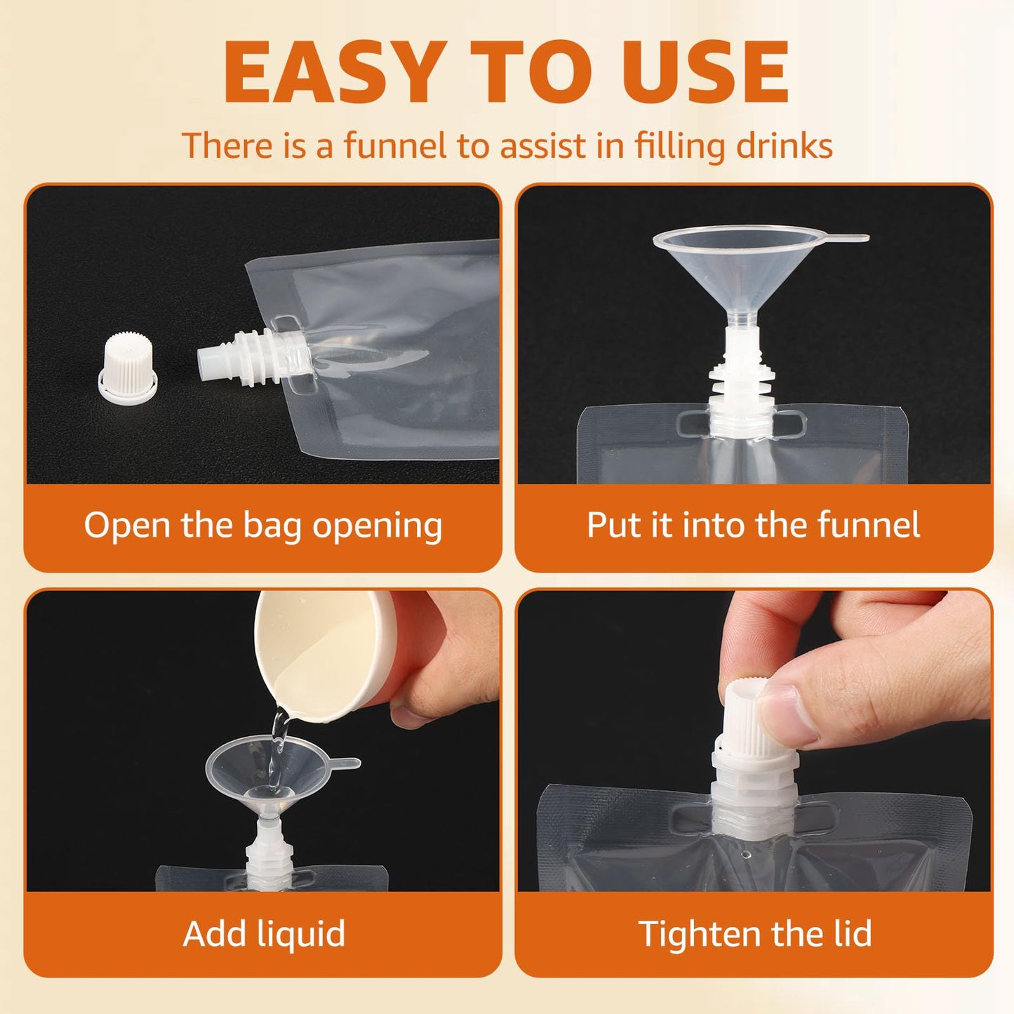 BXUYAOXMC 100Pcs Reusable Liquid Pouches with Funnel, 250ml/8.4oz Clear Leak Proof Drink Bags, Stand-Up Juice Pouches for Travel, Parties, Sports, Camping - Food-Grade PE