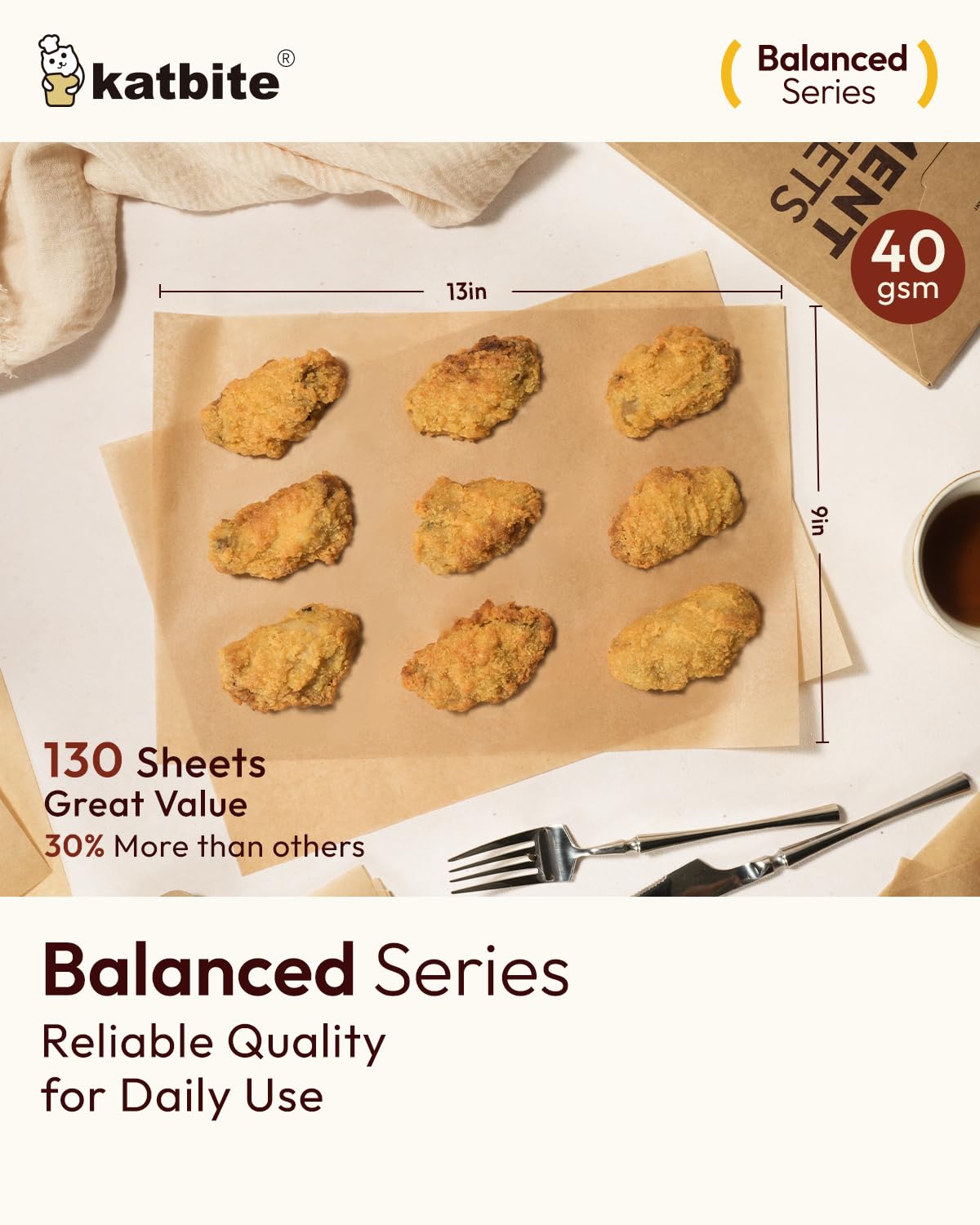 Katbite 130 Pcs Parchment Paper Sheets, 9x13 Inches Unbleached Baking Paper Non-Stick for Gently Baking, Pre-cut Parchment Paper Suitable for Baking, Cooking,Air Fryer [Balanced Series]