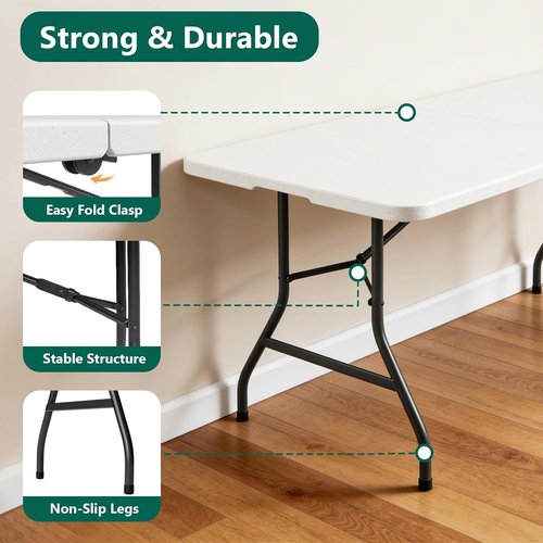 Folding Table 6ft - Heavy-Duty Plastic Utility Table with Handle | Portable & Foldable for Indoor/Outdoor Events