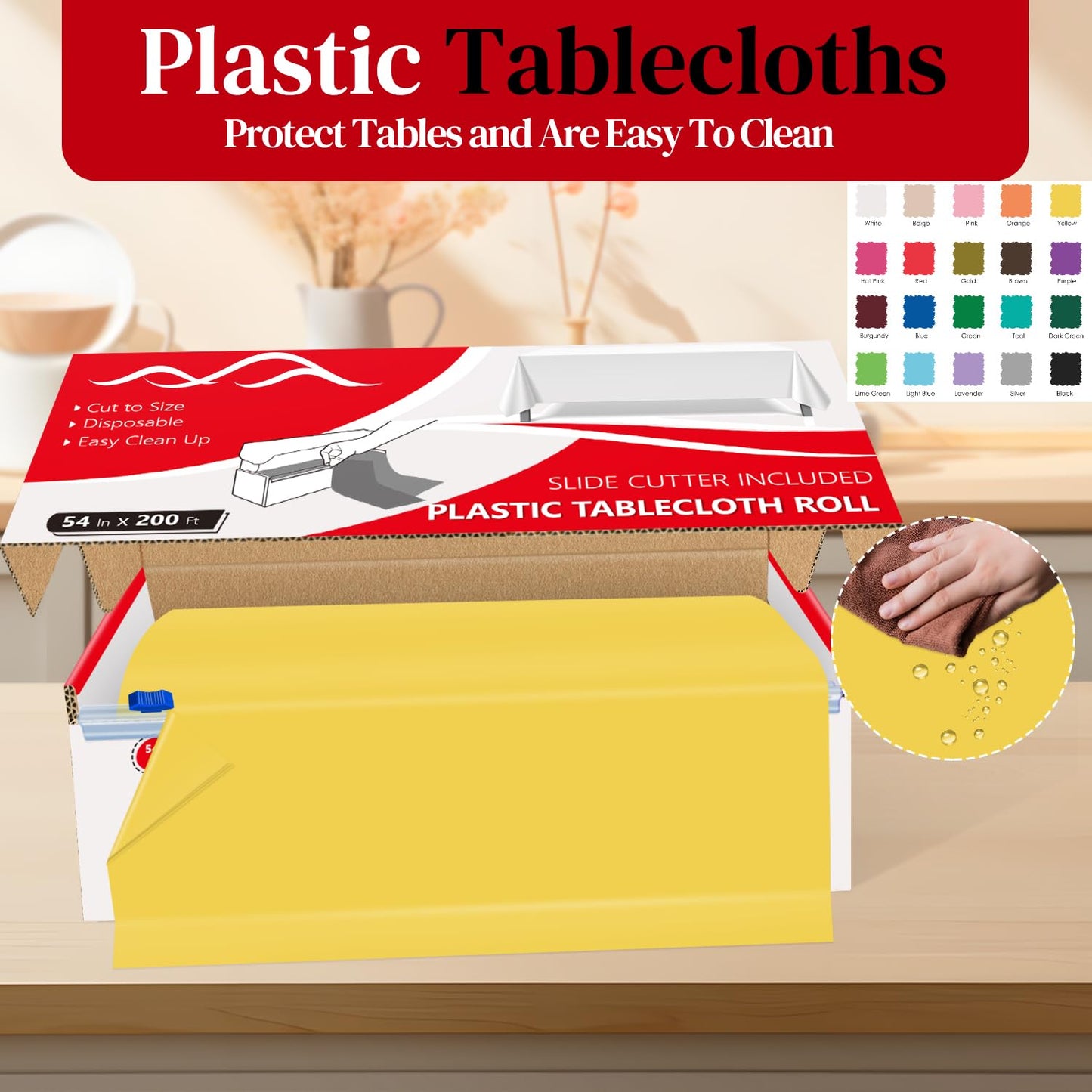 Xnluothsk 54 Inch x 200 Feet Yellow Plastic Tablecloth Roll Cut to Size Disposable Table Cover with Cutter Box Plastic Table Cloth for Party, Wedding, Birthday