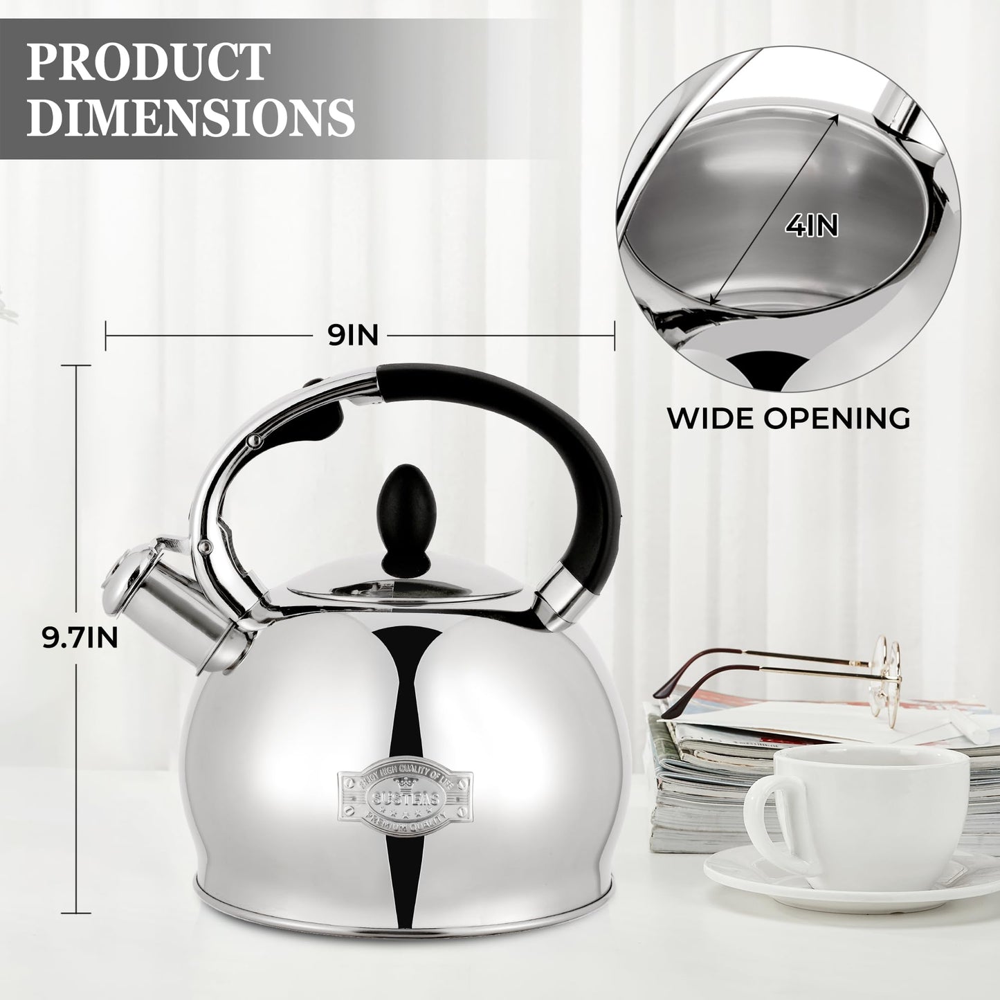 SUSTEAS Stove Top Whistling Tea Kettle - Food Grade Stainless Steel Teakettle Teapot with Cool Touch Ergonomic Handle, With 1 Silicone Pinch Mitt Included,2.64 Quart(SILVER)