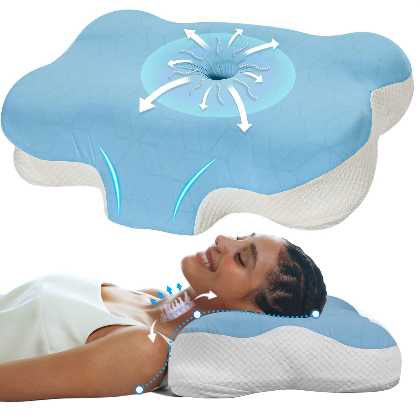 Cervical Memory Foam Pillow for Neck Support, Ergonomic Contour Pillow for Back and Side Sleepers, Breathable Slow-Rebound Foam, Cloud-Like Comfort (2, White)