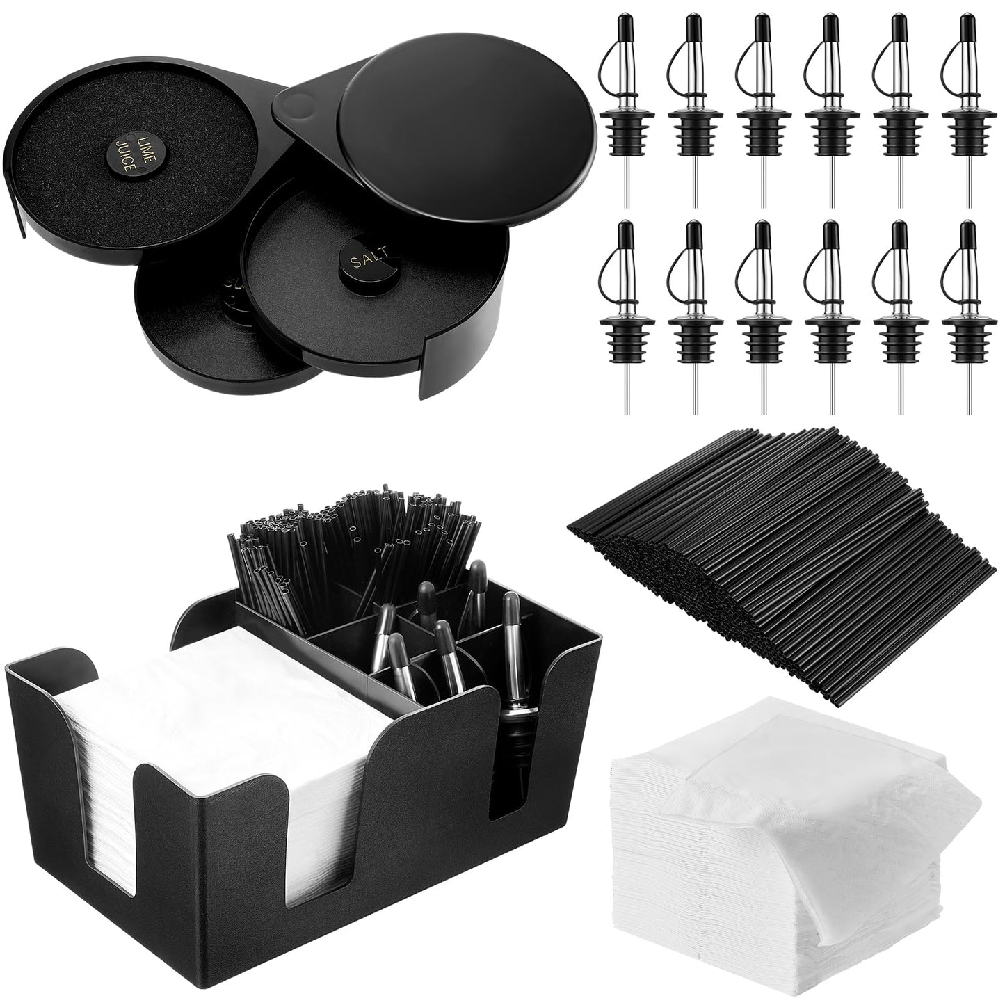 Mifoci 3 Tier Bar Glass Rimmer Bartender Tool with 12 Pcs Stainless Steel Classic Bottle Pourers, Bar Caddy with 6 Compartment, 1000 Pcs Coffee Cocktail Stirrers, 200 Napkins (Plastic)