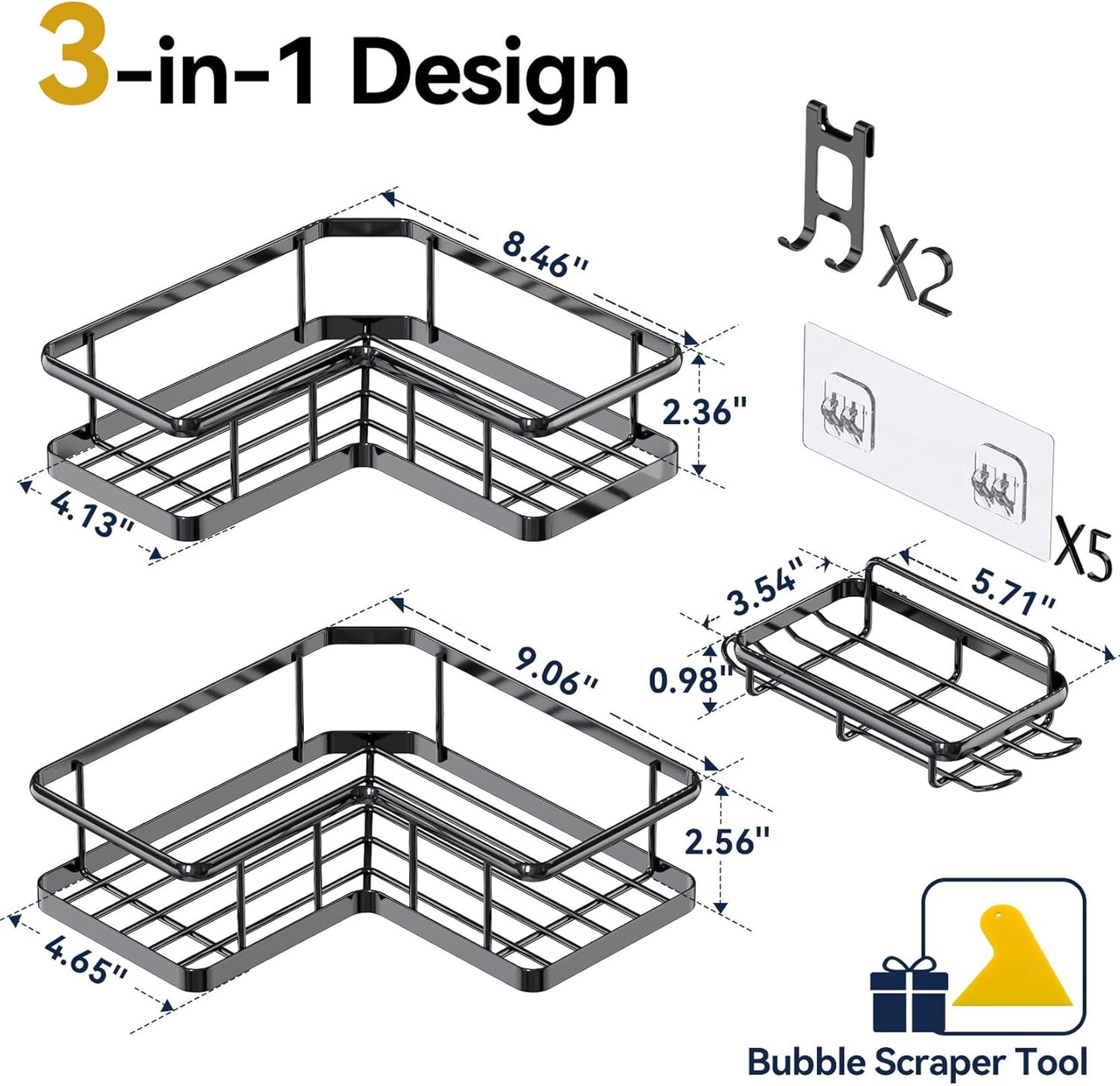 YASONIC Shower Caddy Corner - 3-Pack Rustproof Stainless Steel Shelves with Soap Holder | No-Drill Organizer for Dorms & Rentals, Black