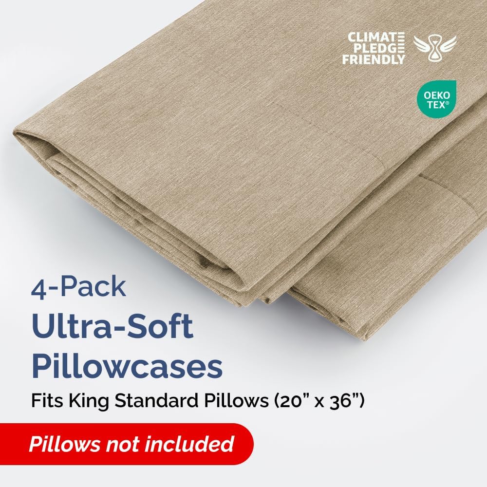King Standard Pillow Cases - Soft Hotel Quality Covers for Comfy Bedding | Set of 4 in Heathered Beige