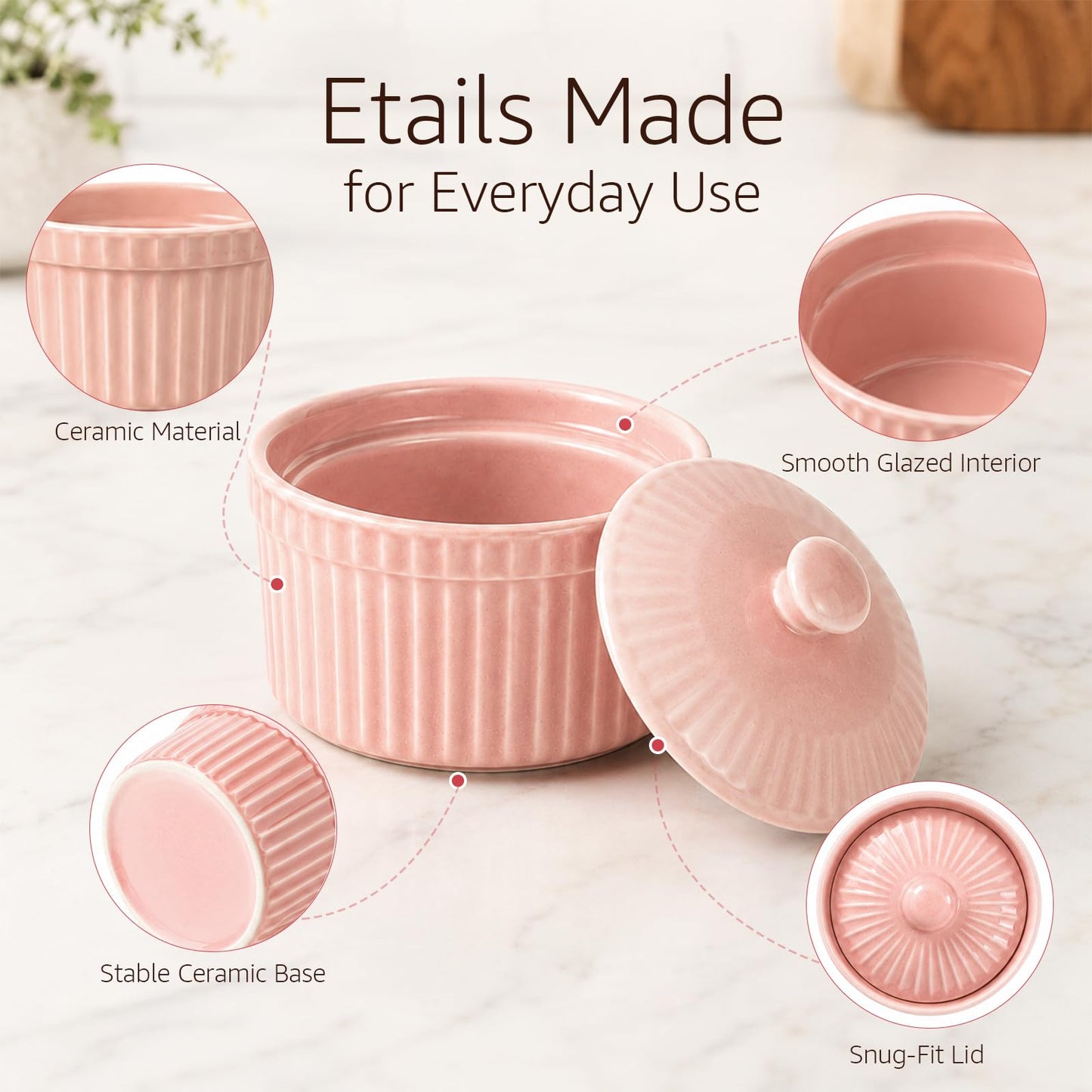 Meltset 5.5 Oz Ramekins with Lids Oven Safe Ceramics Ramekin Bowls for Baking, Porcelain Bake Dishes for Souffle, Creme Brulee, Lava Cake, Ice Cream Desserts, Snacks (Set of 5）
