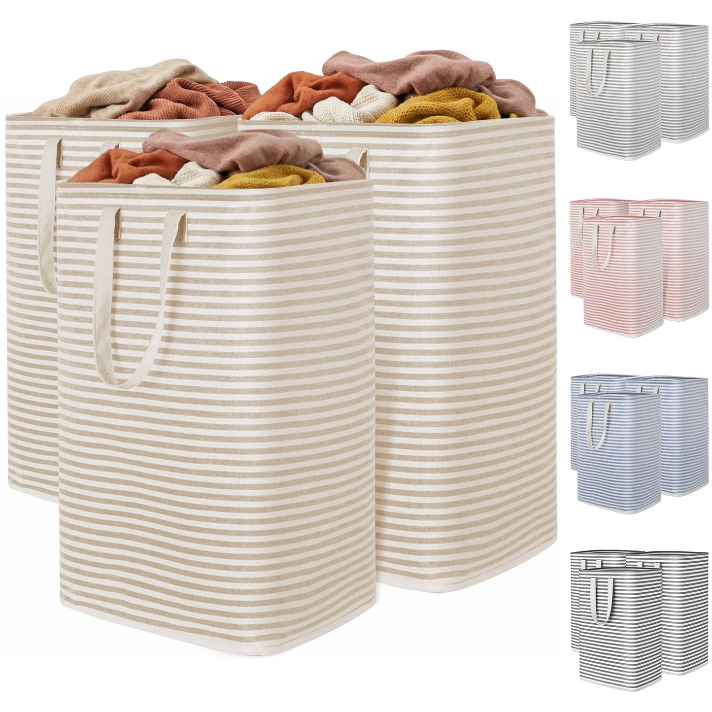 Lifewit 3 Pack Laundry Basket 80L Each, Collapsible Clothes Hamper with Reinforced Handles, Freestanding Waterproof Design for Bedroom and Laundry Room, Beige 240L Total
