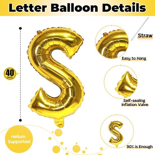 Giant S Gold Alphabet Balloon - 40 Inch Self-Inflating Mylar Foil Letter for Birthday & Graduation Decor