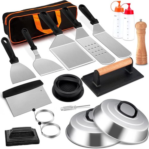 Joyfair 18-Piece Griddle Accessories Kit - Stainless Steel Hibachi Tools for Outdoor BBQ | Spatula, Basting Cover & Burger Press
