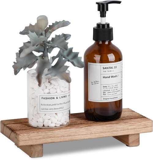 Farmhouse Decor Wood Riser Tray by [Brand Name] - Stylish Pedestal Stand for Kitchen & Bathroom | 8.7 x 3.6 Inches, Brown