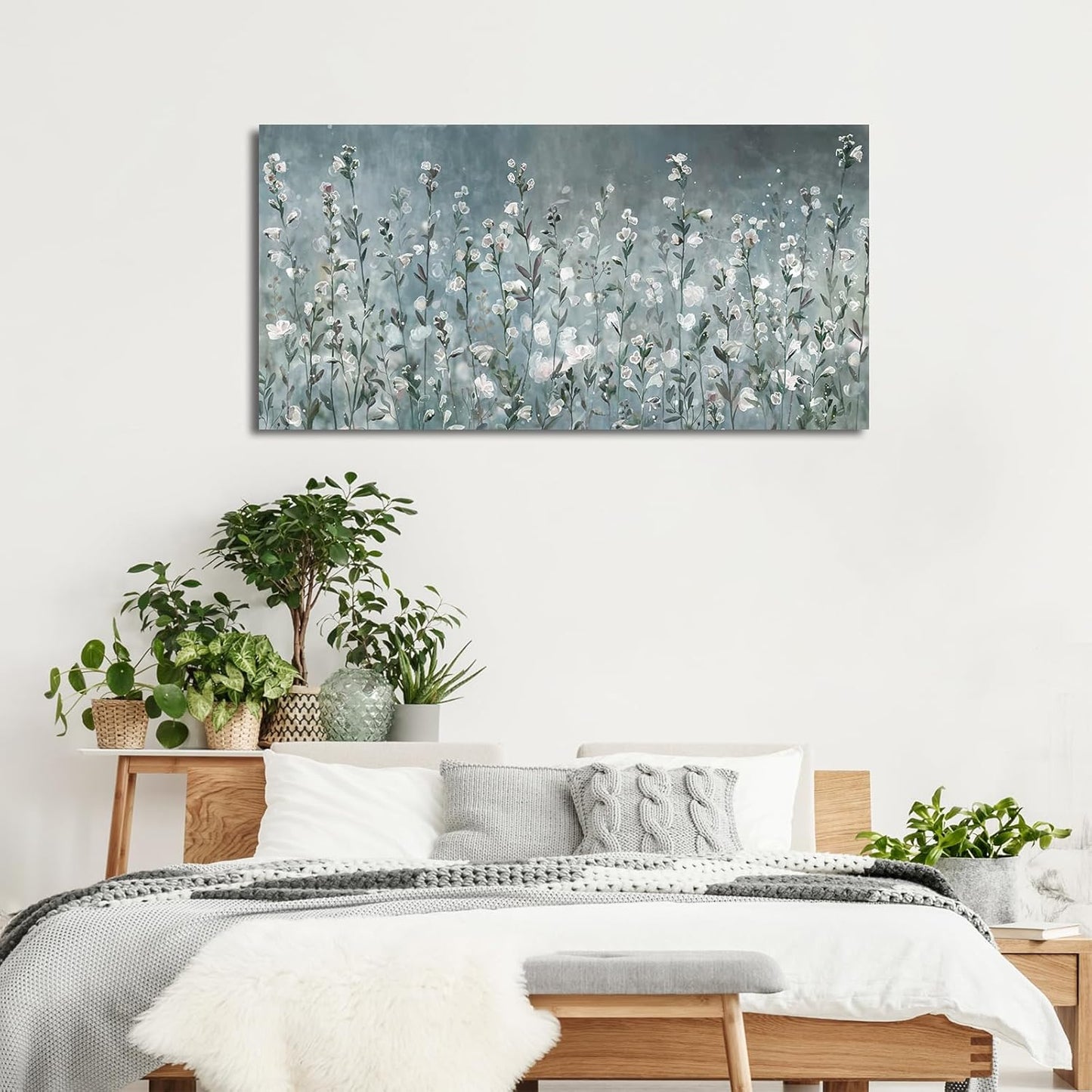 NINEASO Abstract Flower Wall Art - Elegant Translucent White Wildflowers | 20" x 40" Botanical Decor for Living Room & Office