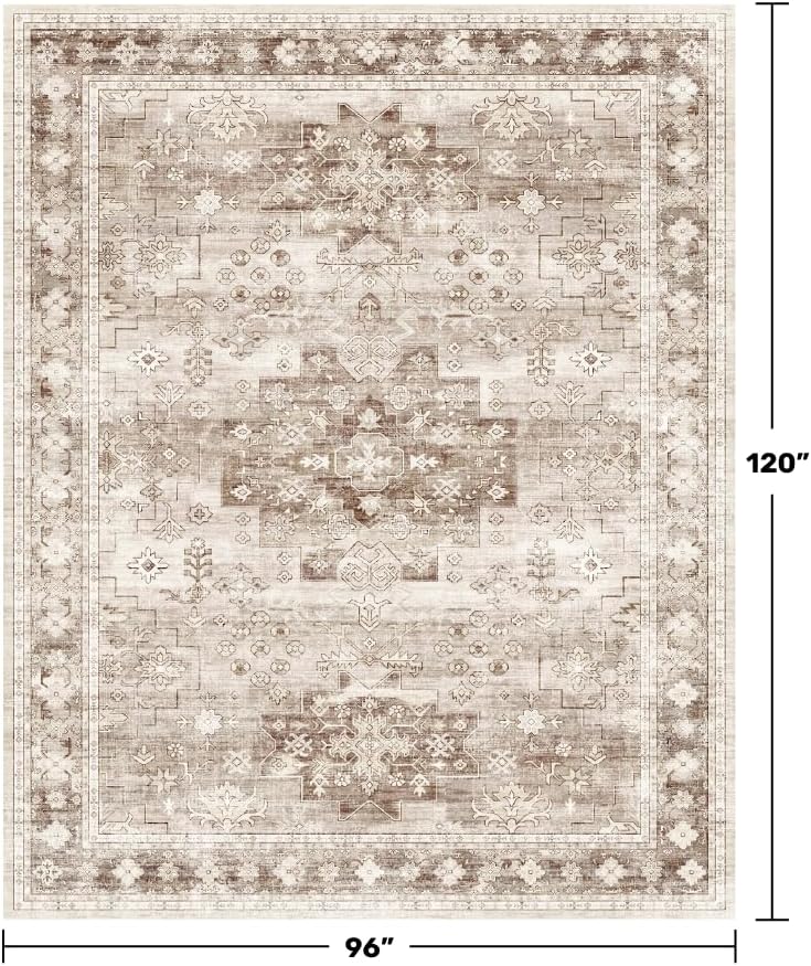 Skiennix Washable Area Rug - Large 8x10 Boho Vintage Floral Design | Non-Slip & Stain Resistant (Beige/Latte)