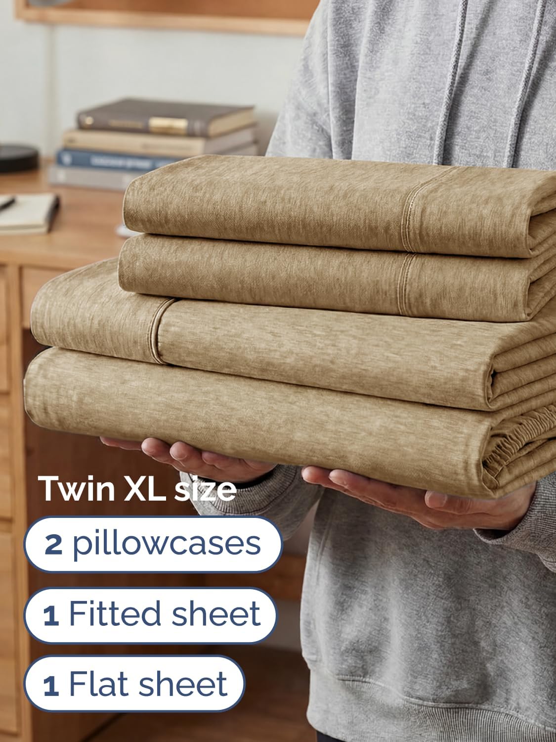 Skiennix Extra Deep Twin XL Sheet Set | 4-Piece Breathable Cooling Bedding - Soft, Wrinkle-Free, Easy Fit - Heathered Tan